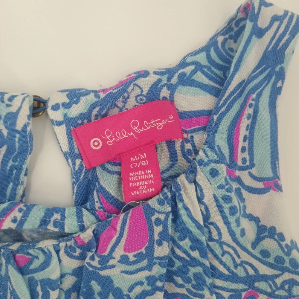 Lilly Pulitzer Girls Blue Pink Paisley Geometric Tiered Dress M 7/8. 40
